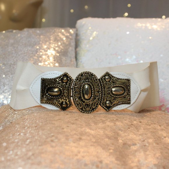 ??1980\'s Hammered Coin Metal Bushed Black White Vintage Elastic Belt 24\
